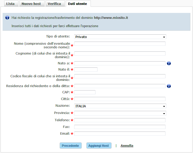 Richiesta dati per registrazione/trasferimento